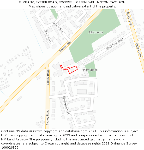 ELMBANK, EXETER ROAD, ROCKWELL GREEN, WELLINGTON, TA21 9DH: Location map and indicative extent of plot