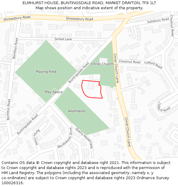 ELMHURST HOUSE, BUNTINGSDALE ROAD, MARKET DRAYTON, TF9 1LT: Location map and indicative extent of plot