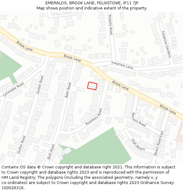 EMERALDS, BROOK LANE, FELIXSTOWE, IP11 7JP: Location map and indicative extent of plot