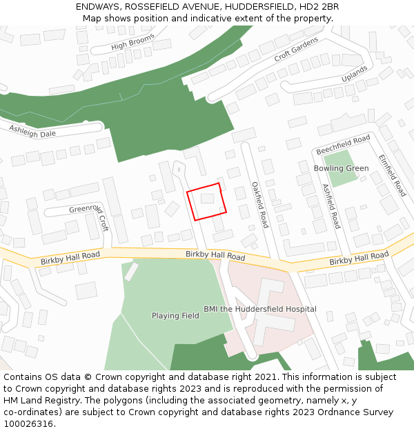 ENDWAYS, ROSSEFIELD AVENUE, HUDDERSFIELD, HD2 2BR: Location map and indicative extent of plot