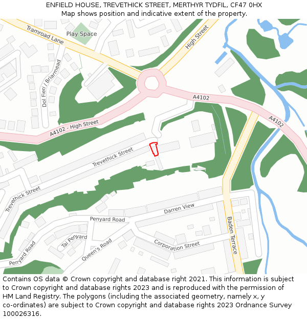 ENFIELD HOUSE, TREVETHICK STREET, MERTHYR TYDFIL, CF47 0HX: Location map and indicative extent of plot