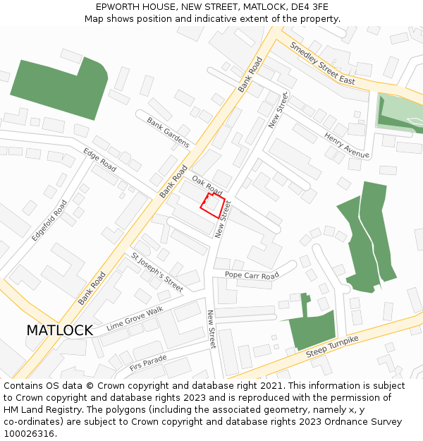 EPWORTH HOUSE, NEW STREET, MATLOCK, DE4 3FE: Location map and indicative extent of plot