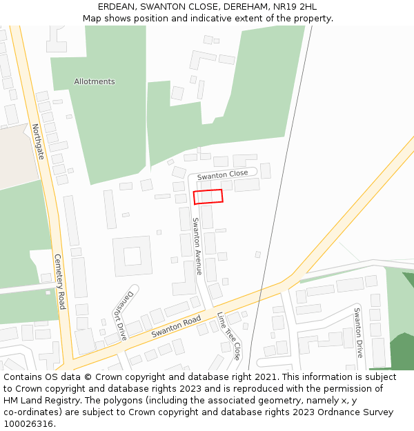 ERDEAN, SWANTON CLOSE, DEREHAM, NR19 2HL: Location map and indicative extent of plot