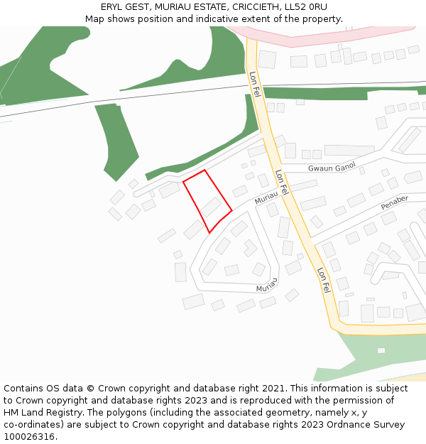 ERYL GEST, MURIAU ESTATE, CRICCIETH, LL52 0RU: Location map and indicative extent of plot