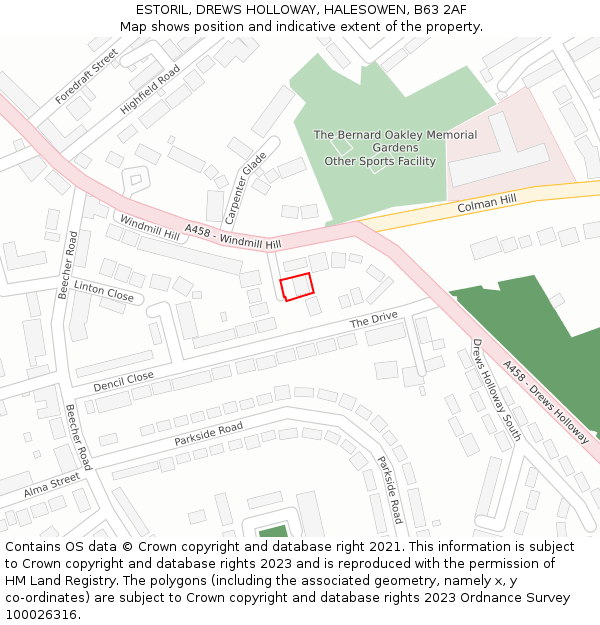 ESTORIL, DREWS HOLLOWAY, HALESOWEN, B63 2AF: Location map and indicative extent of plot