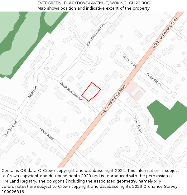 EVERGREEN, BLACKDOWN AVENUE, WOKING, GU22 8QG: Location map and indicative extent of plot