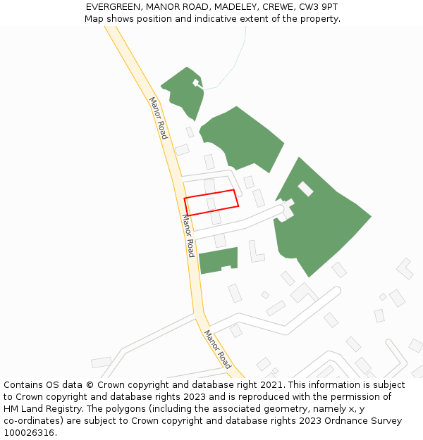 EVERGREEN, MANOR ROAD, MADELEY, CREWE, CW3 9PT: Location map and indicative extent of plot