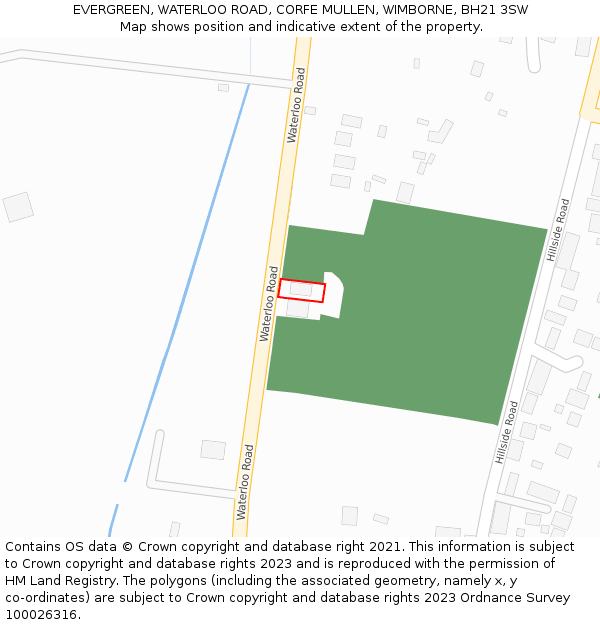 EVERGREEN, WATERLOO ROAD, CORFE MULLEN, WIMBORNE, BH21 3SW: Location map and indicative extent of plot