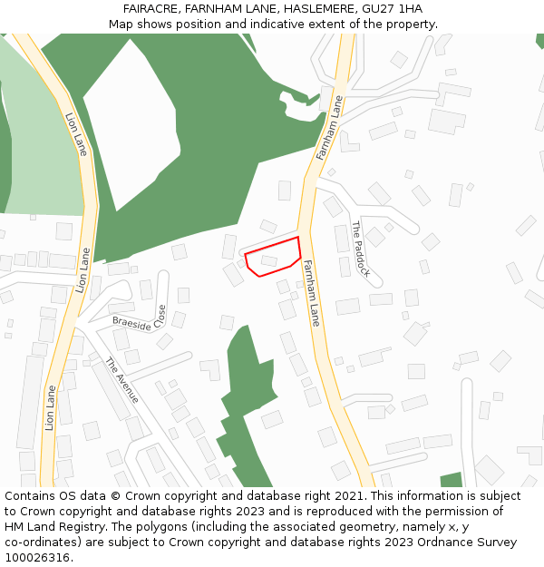 FAIRACRE, FARNHAM LANE, HASLEMERE, GU27 1HA: Location map and indicative extent of plot