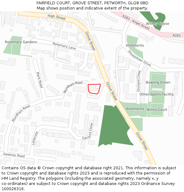 FAIRFIELD COURT, GROVE STREET, PETWORTH, GU28 0BD: Location map and indicative extent of plot