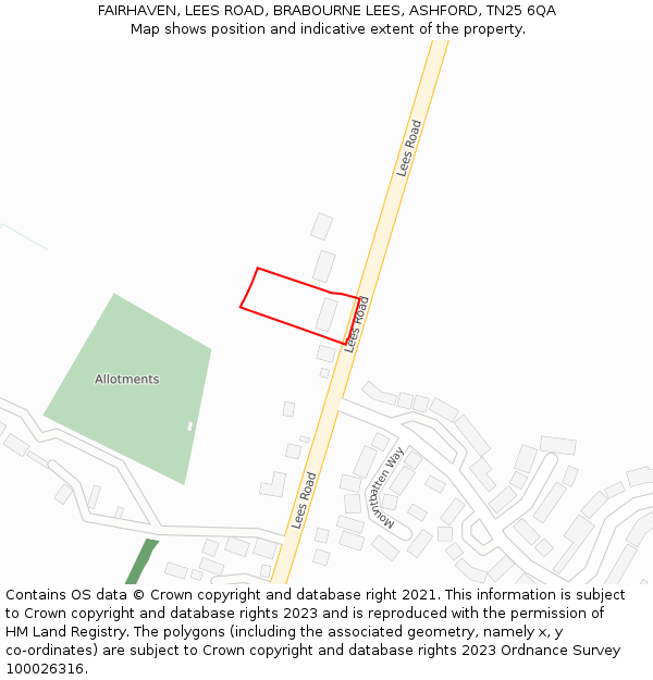 FAIRHAVEN, LEES ROAD, BRABOURNE LEES, ASHFORD, TN25 6QA: Location map and indicative extent of plot
