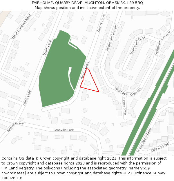 FAIRHOLME, QUARRY DRIVE, AUGHTON, ORMSKIRK, L39 5BQ: Location map and indicative extent of plot