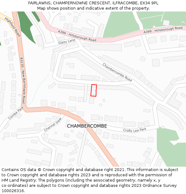 FAIRLAWNS, CHAMPERNOWNE CRESCENT, ILFRACOMBE, EX34 9PL: Location map and indicative extent of plot
