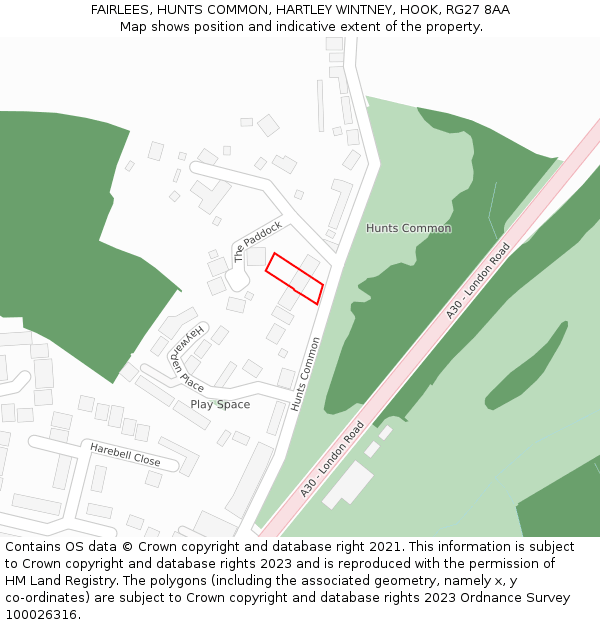 FAIRLEES, HUNTS COMMON, HARTLEY WINTNEY, HOOK, RG27 8AA: Location map and indicative extent of plot