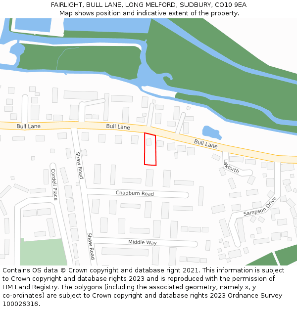 FAIRLIGHT, BULL LANE, LONG MELFORD, SUDBURY, CO10 9EA: Location map and indicative extent of plot