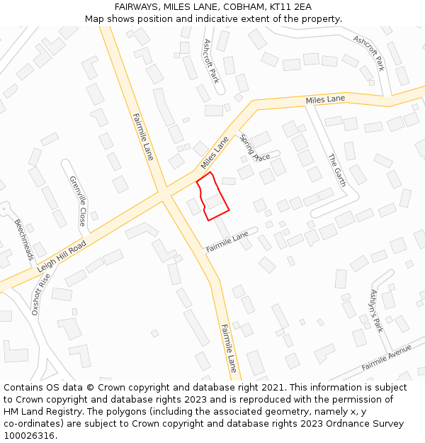 FAIRWAYS, MILES LANE, COBHAM, KT11 2EA: Location map and indicative extent of plot
