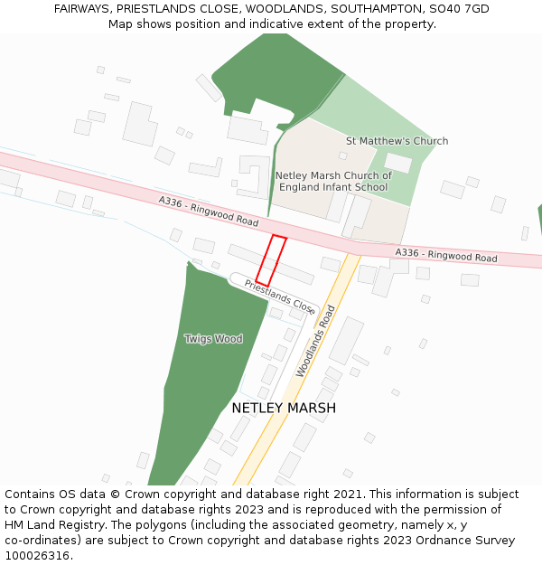 FAIRWAYS, PRIESTLANDS CLOSE, WOODLANDS, SOUTHAMPTON, SO40 7GD: Location map and indicative extent of plot