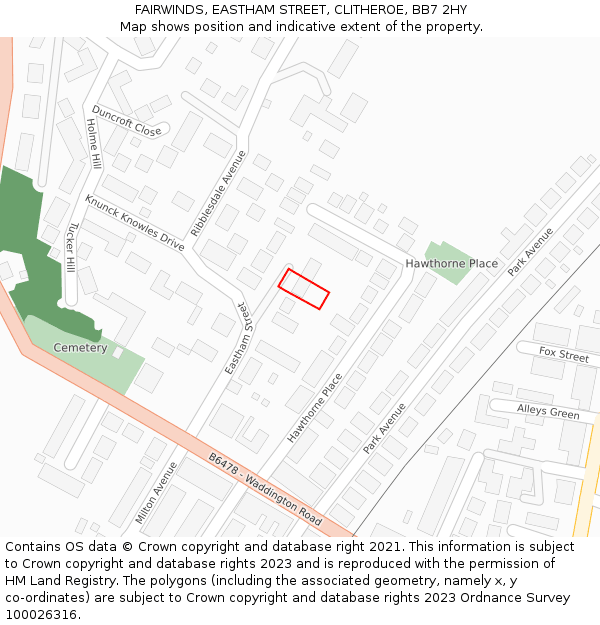 FAIRWINDS, EASTHAM STREET, CLITHEROE, BB7 2HY: Location map and indicative extent of plot