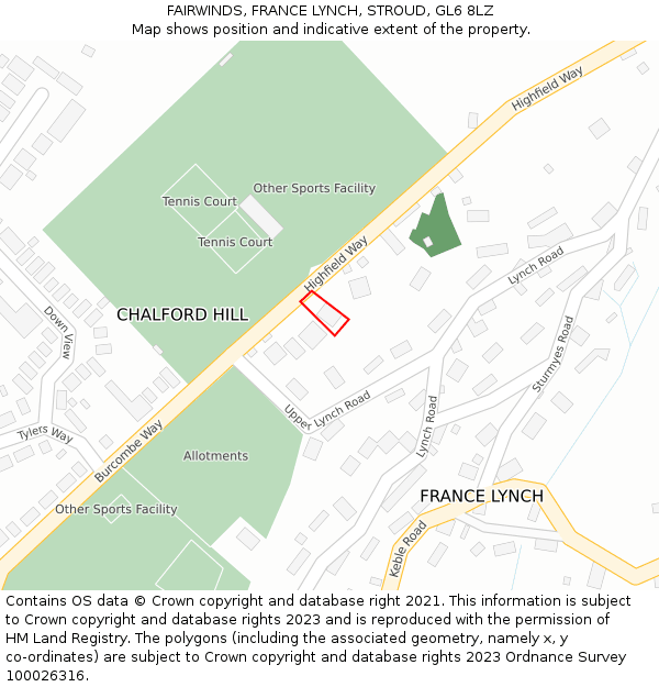 FAIRWINDS, FRANCE LYNCH, STROUD, GL6 8LZ: Location map and indicative extent of plot