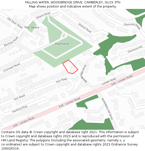 FALLING WATER, WOODBRIDGE DRIVE, CAMBERLEY, GU15 3TN: Location map and indicative extent of plot