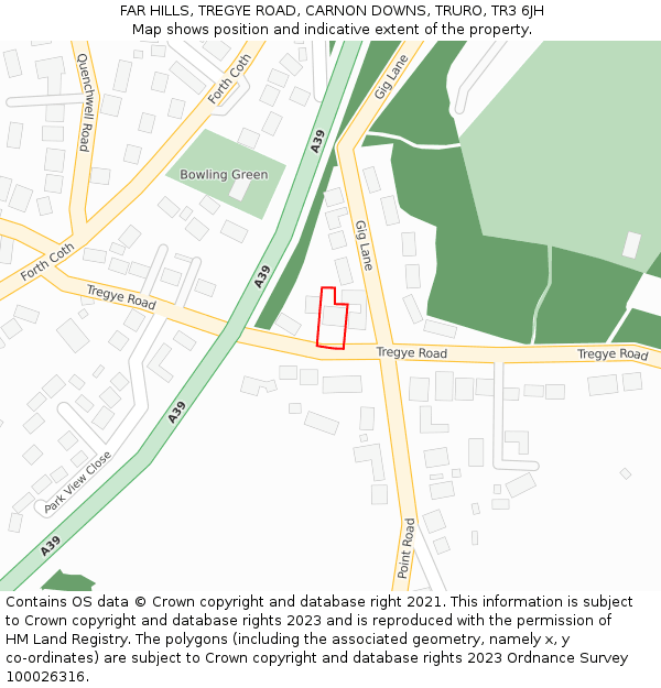 FAR HILLS, TREGYE ROAD, CARNON DOWNS, TRURO, TR3 6JH: Location map and indicative extent of plot