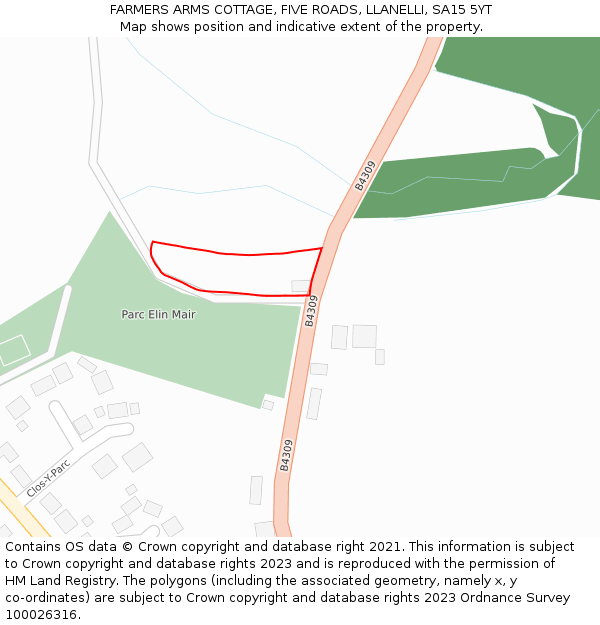 FARMERS ARMS COTTAGE, FIVE ROADS, LLANELLI, SA15 5YT: Location map and indicative extent of plot