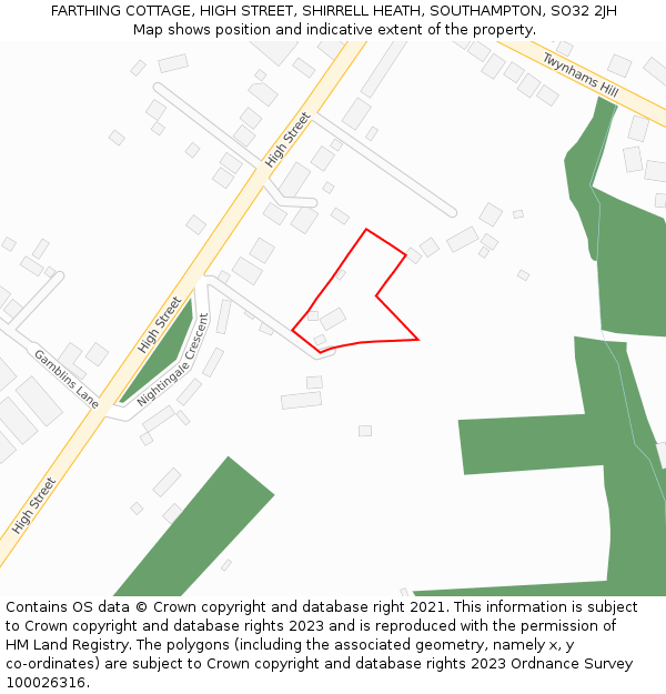 FARTHING COTTAGE, HIGH STREET, SHIRRELL HEATH, SOUTHAMPTON, SO32 2JH: Location map and indicative extent of plot