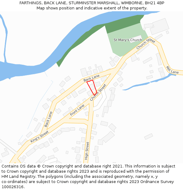 FARTHINGS, BACK LANE, STURMINSTER MARSHALL, WIMBORNE, BH21 4BP: Location map and indicative extent of plot
