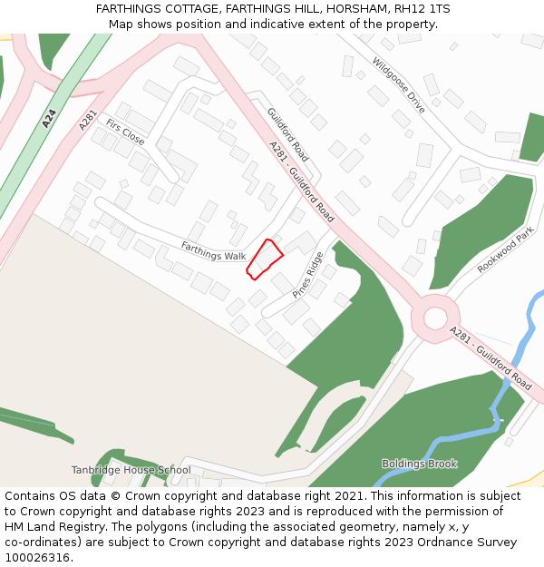 FARTHINGS COTTAGE, FARTHINGS HILL, HORSHAM, RH12 1TS: Location map and indicative extent of plot