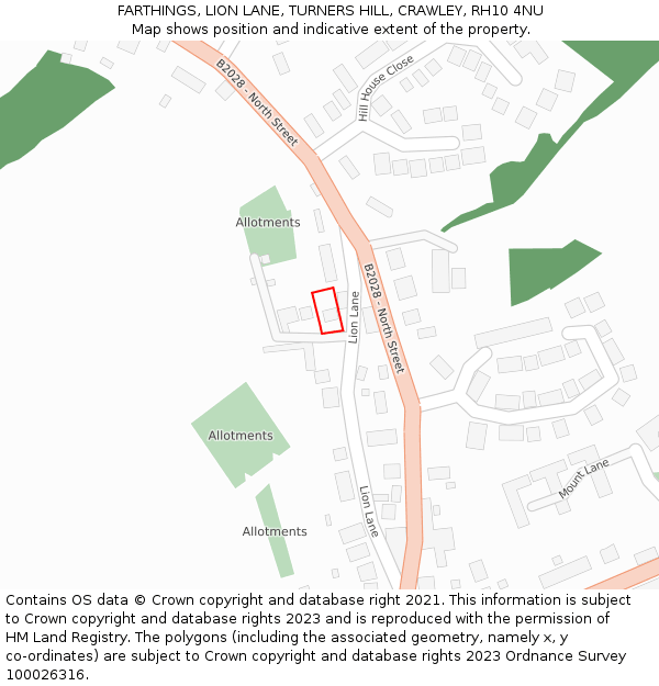 FARTHINGS, LION LANE, TURNERS HILL, CRAWLEY, RH10 4NU: Location map and indicative extent of plot