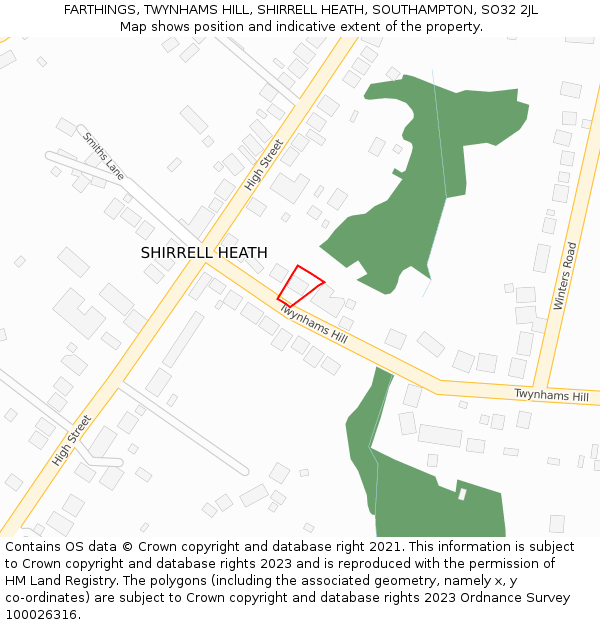 FARTHINGS, TWYNHAMS HILL, SHIRRELL HEATH, SOUTHAMPTON, SO32 2JL: Location map and indicative extent of plot