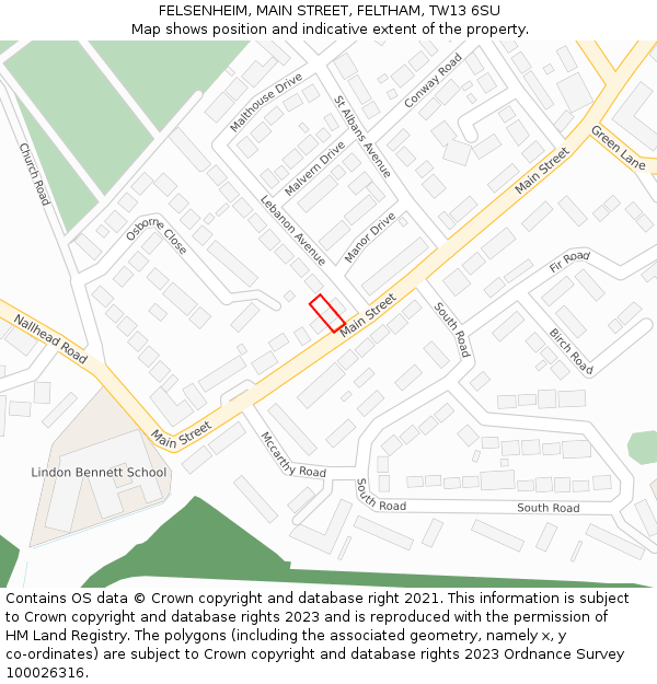 FELSENHEIM, MAIN STREET, FELTHAM, TW13 6SU: Location map and indicative extent of plot