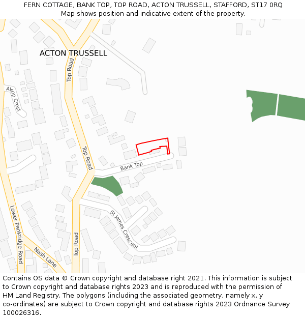 FERN COTTAGE, BANK TOP, TOP ROAD, ACTON TRUSSELL, STAFFORD, ST17 0RQ: Location map and indicative extent of plot