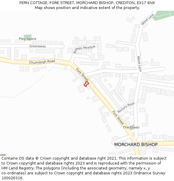 FERN COTTAGE, FORE STREET, MORCHARD BISHOP, CREDITON, EX17 6NX: Location map and indicative extent of plot