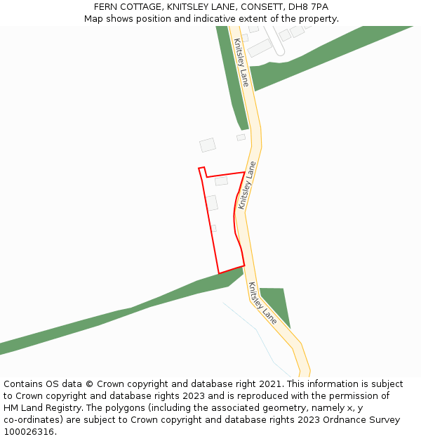 FERN COTTAGE, KNITSLEY LANE, CONSETT, DH8 7PA: Location map and indicative extent of plot