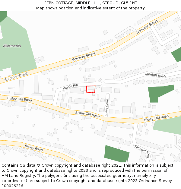 FERN COTTAGE, MIDDLE HILL, STROUD, GL5 1NT: Location map and indicative extent of plot
