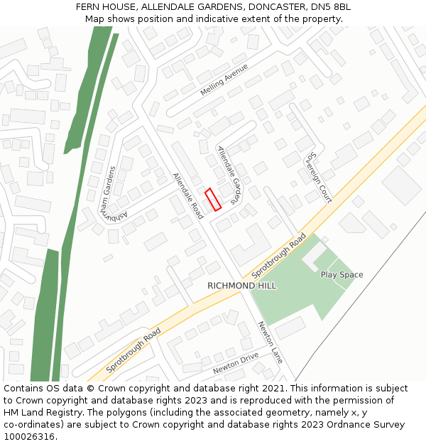 FERN HOUSE, ALLENDALE GARDENS, DONCASTER, DN5 8BL: Location map and indicative extent of plot