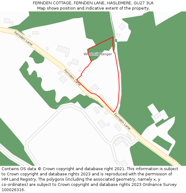 FERNDEN COTTAGE, FERNDEN LANE, HASLEMERE, GU27 3LA: Location map and indicative extent of plot