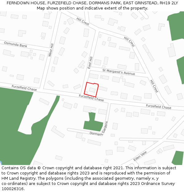 FERNDOWN HOUSE, FURZEFIELD CHASE, DORMANS PARK, EAST GRINSTEAD, RH19 2LY: Location map and indicative extent of plot