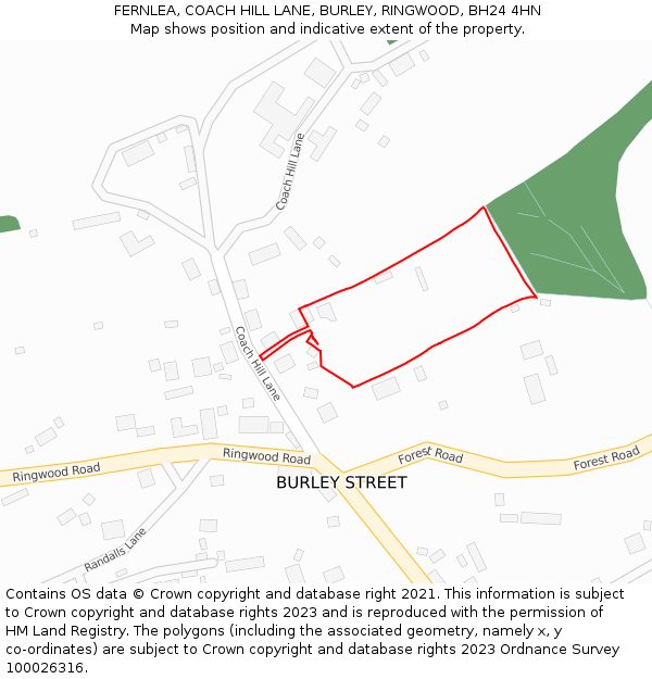 FERNLEA, COACH HILL LANE, BURLEY, RINGWOOD, BH24 4HN: Location map and indicative extent of plot