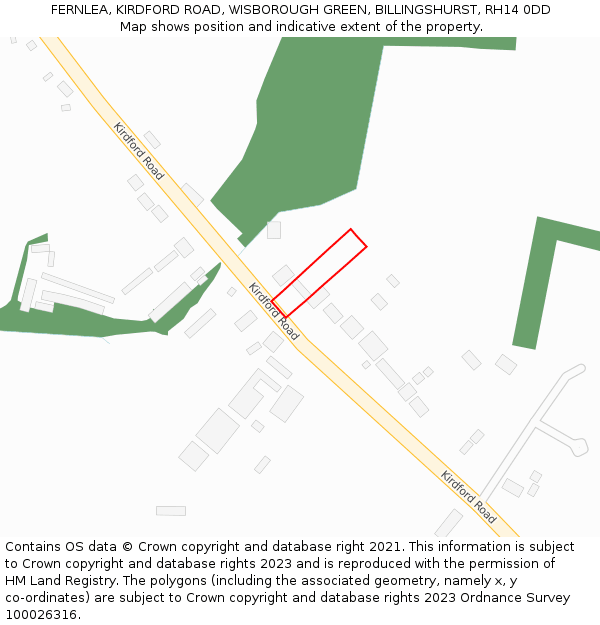 FERNLEA, KIRDFORD ROAD, WISBOROUGH GREEN, BILLINGSHURST, RH14 0DD: Location map and indicative extent of plot