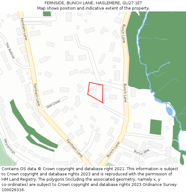 FERNSIDE, BUNCH LANE, HASLEMERE, GU27 1ET: Location map and indicative extent of plot