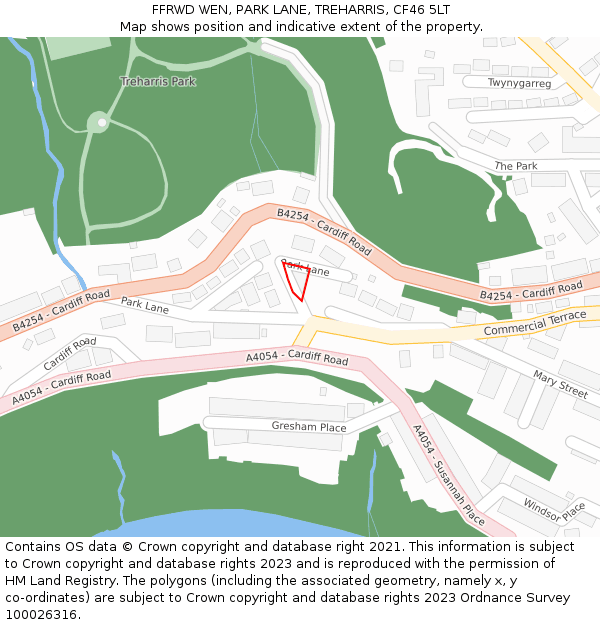 FFRWD WEN, PARK LANE, TREHARRIS, CF46 5LT: Location map and indicative extent of plot