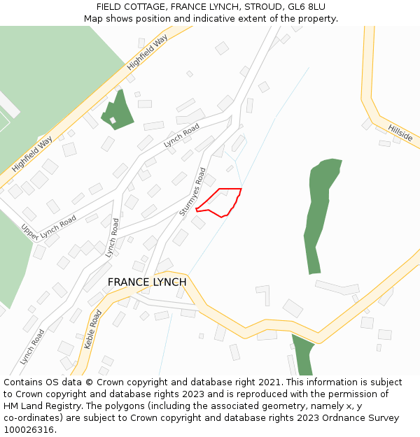 FIELD COTTAGE, FRANCE LYNCH, STROUD, GL6 8LU: Location map and indicative extent of plot