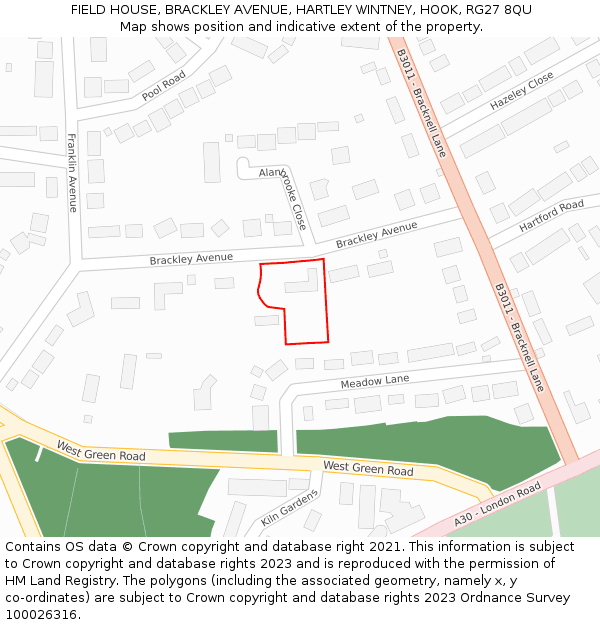 FIELD HOUSE, BRACKLEY AVENUE, HARTLEY WINTNEY, HOOK, RG27 8QU: Location map and indicative extent of plot