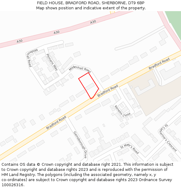 FIELD HOUSE, BRADFORD ROAD, SHERBORNE, DT9 6BP: Location map and indicative extent of plot