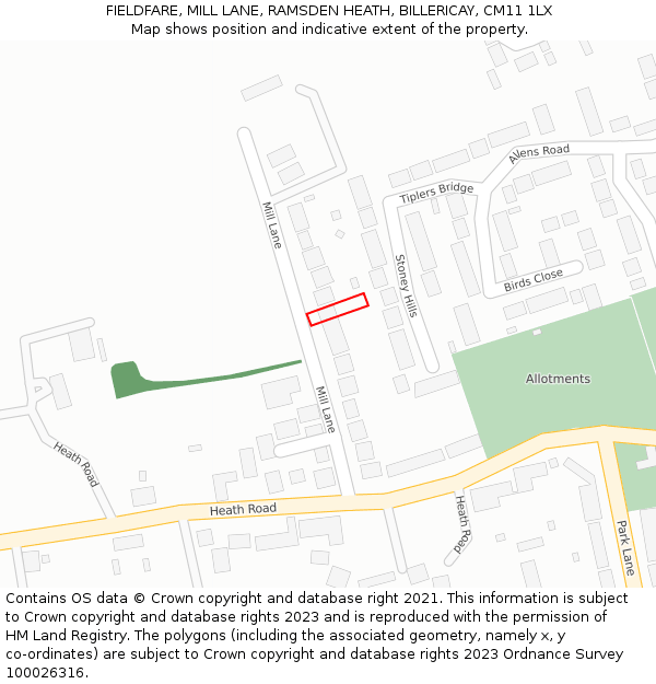 FIELDFARE, MILL LANE, RAMSDEN HEATH, BILLERICAY, CM11 1LX: Location map and indicative extent of plot