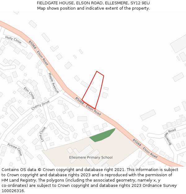 FIELDGATE HOUSE, ELSON ROAD, ELLESMERE, SY12 9EU: Location map and indicative extent of plot