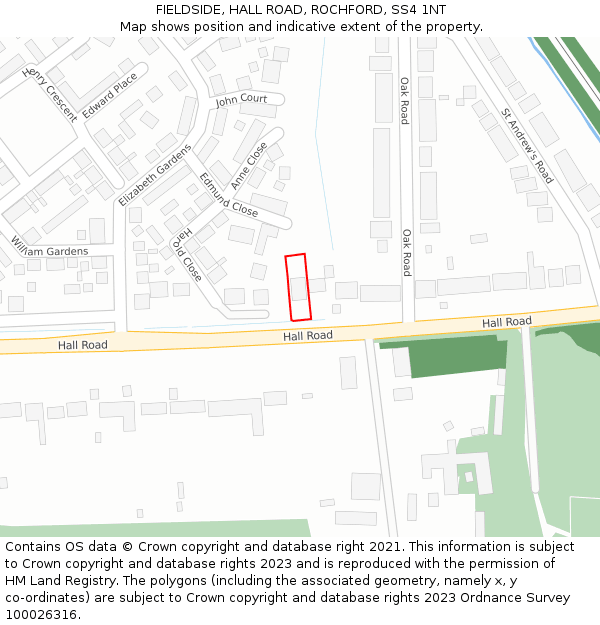 FIELDSIDE, HALL ROAD, ROCHFORD, SS4 1NT: Location map and indicative extent of plot