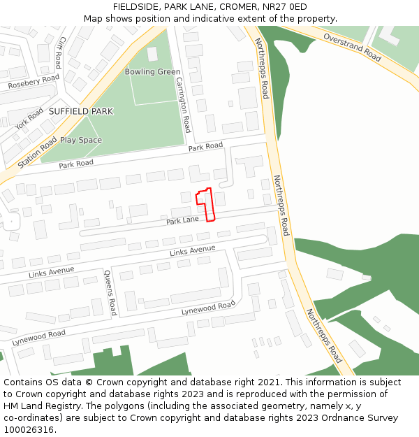 FIELDSIDE, PARK LANE, CROMER, NR27 0ED: Location map and indicative extent of plot